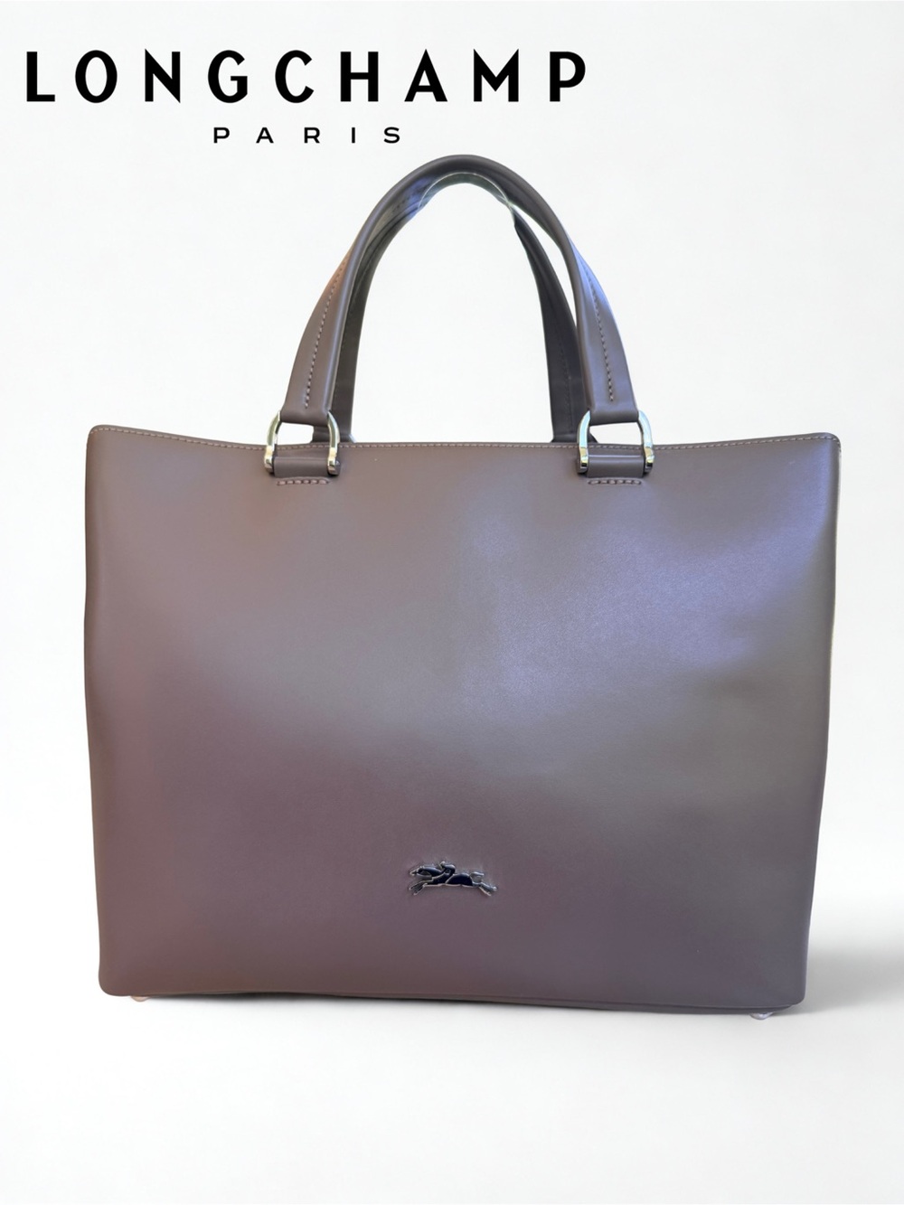 Longchamp Brown Mushroom Smooth Leather Tote with Top Handles